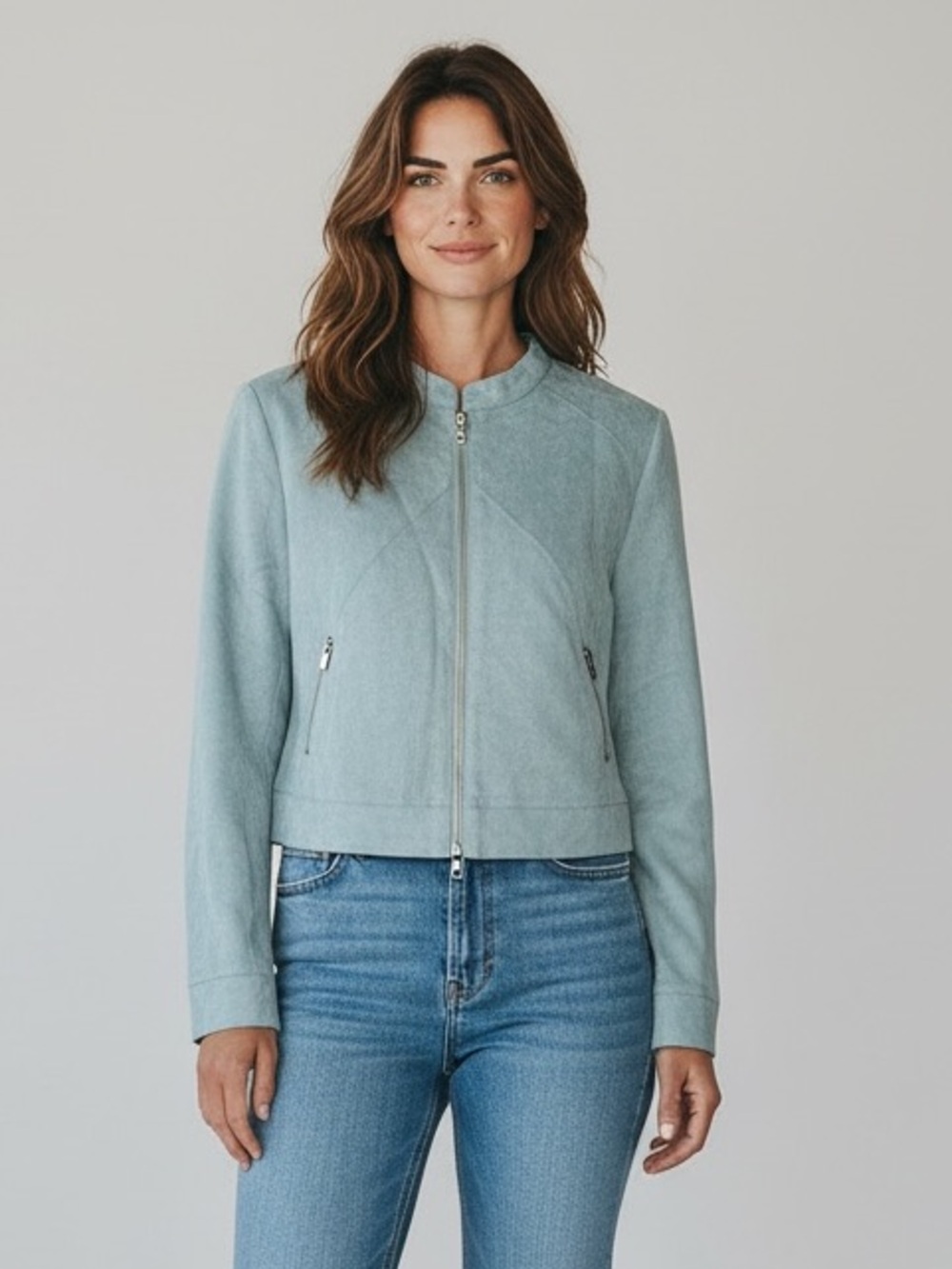 BCBGeneration Faux Suede Zip-Front Cropped Jacket in the color Rock Blue NWT